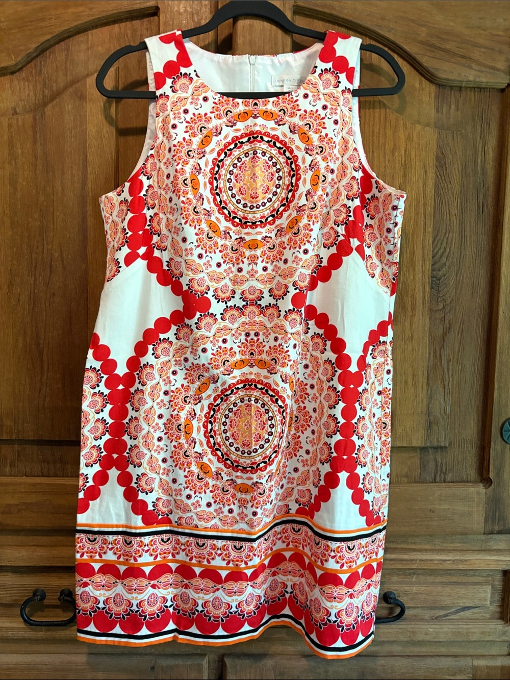 London Times White Midi Dress with Red and Orange Medallion Print